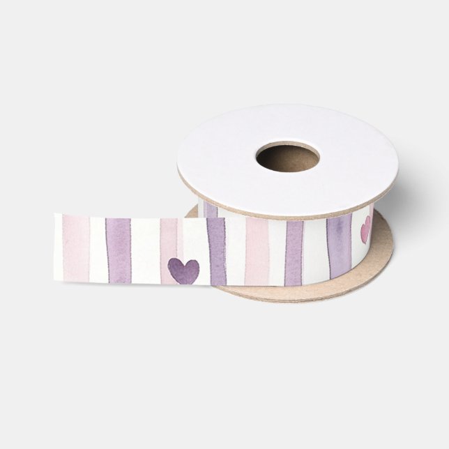 Ruban En Satin Cœur Rose Violet Rayures Anniversaire (Bobine)