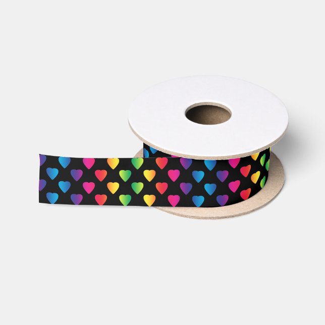 Ruban En Satin Coeurs arc-en-ciel sur noir (Bobine)