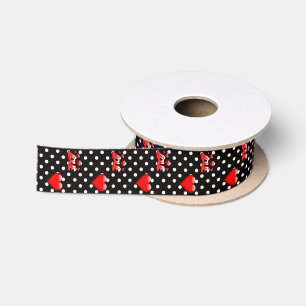 Ruban En Satin Cœurs d'amour et motif noir et rouge à pois