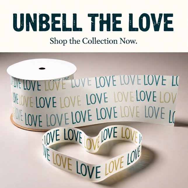 Ruban En Satin Coeurs d'amour verts et beiges (Modern LOVE Repeating Pattern in Teal and Gold Satin Ribbon)