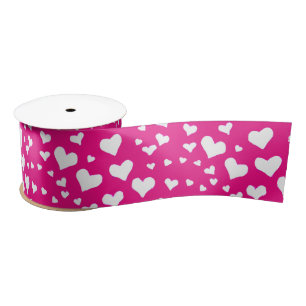 Ruban En Satin Coeurs de balaie blanche sur Fuchsia rose