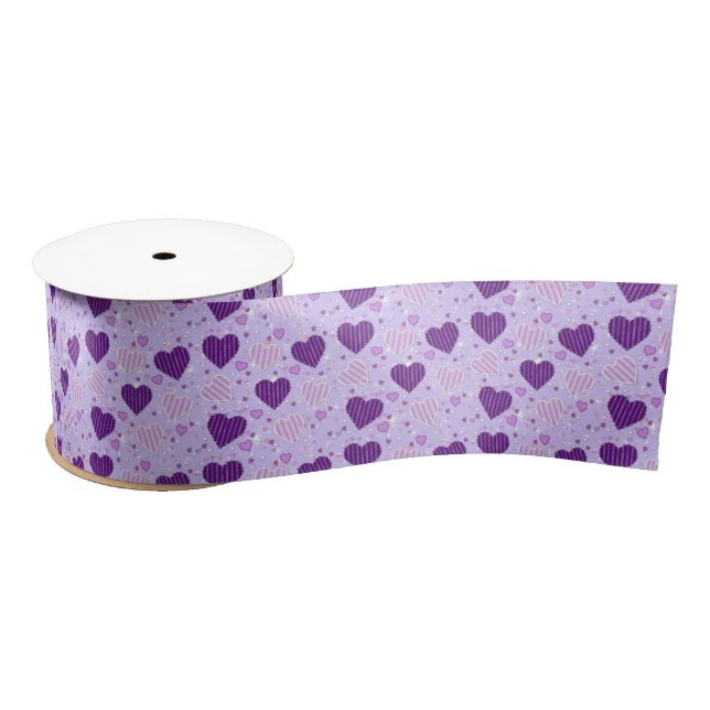 Ruban En Satin Coeurs en patchwork violet (Bobine)