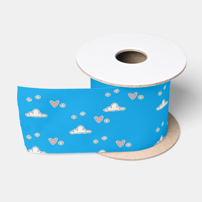 Ruban En Satin Coeurs et nuages sur le bleu (Bobine)