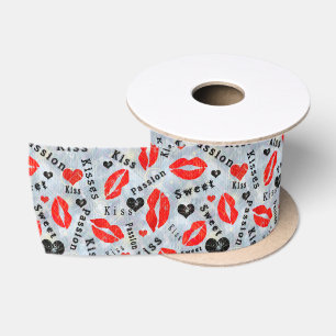 Ruban En Satin Coeurs, rouge, noir, empreintes de lèvres, baiser