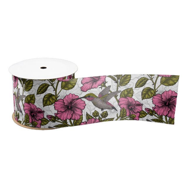 Ruban En Satin Colibris et fleurs d'hibiscus roses (Bobine)