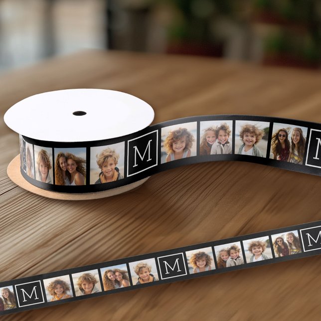 Ruban En Satin Collage photo noir et blanc Monogramme personnalis (Custom Ribbon on a Roll - Personalize this ribbon with you text)