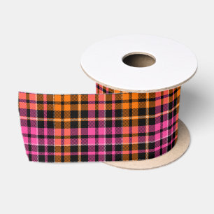 Ruban En Satin Conception à carreaux tartan noir rose orange