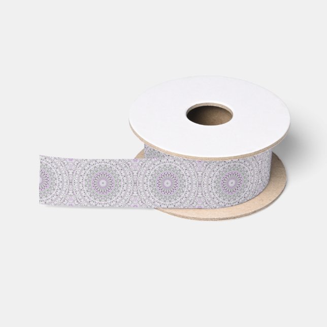 Ruban En Satin Conception de motif mandala lavande et vert (Bobine)