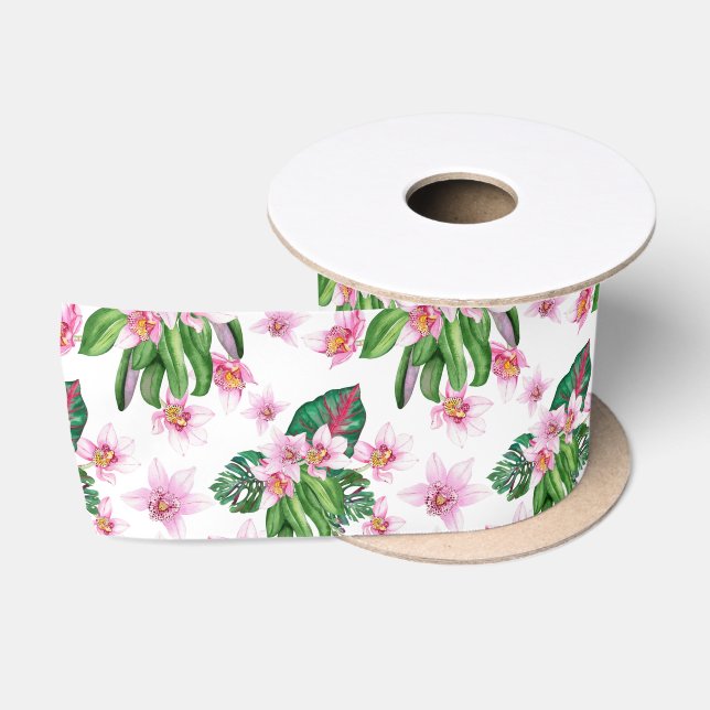 Ruban En Satin Conception d'orchidées à l'aquarelle 30   (Bobine)