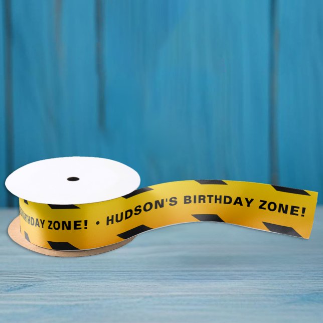 Ruban En Satin Construction Anniversaire Fête Satin Ruban - Jaune (Personalized Ribbon for a Construction Themed Birthday Party )