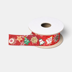 Ruban En Satin Cookies de Noël et flocons de neige sur fond rouge