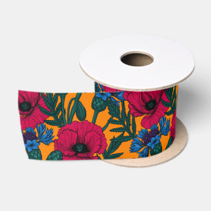 Ruban En Satin Coquelicots rouges et fleurs bleues sur orange