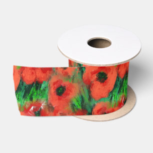 Ruban En Satin Coquelicots rouges passionnés et feuillage vert ab