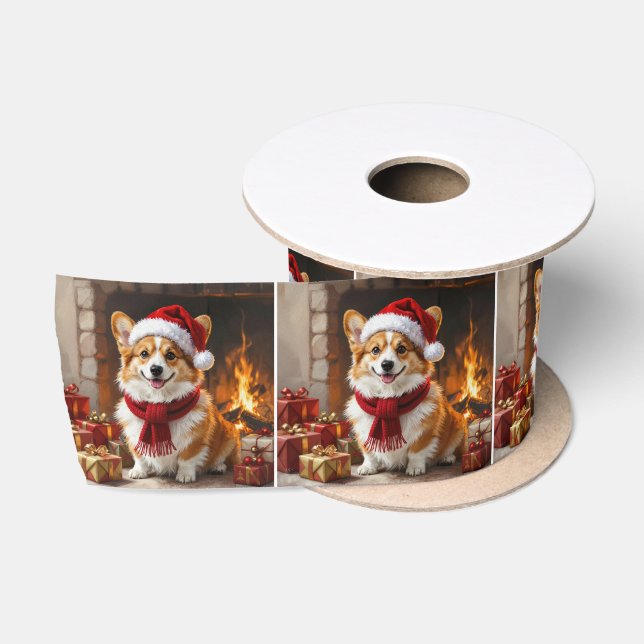Ruban En Satin Corgi de Noël au coin du feu (Bobine)