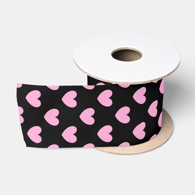 Ruban En Satin Coton Candy Pink coeurs de polka sur noir (Bobine)