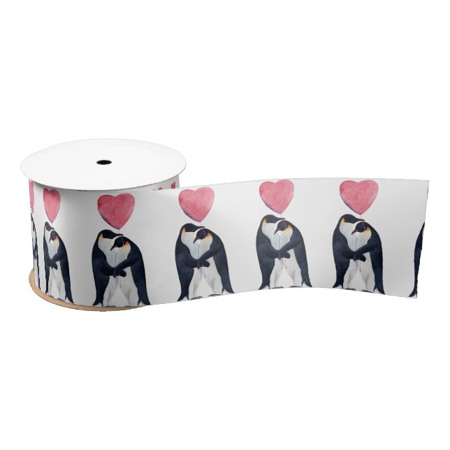 Ruban En Satin Couple Empereur Penguin Coeur Saint Valentin    (Bobine)