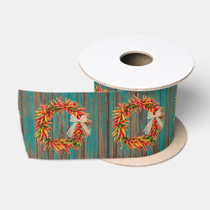 Ruban En Satin Couronnes de Ristra de Piment sur un Motif de Bois