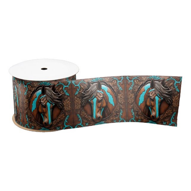 Ruban En Satin Cowboy Western Country Turquoise Blue Brown Horse (Bobine)