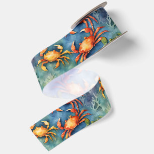 Ruban En Satin Crabes Colorés Aquarelle & Corail Côté Mer