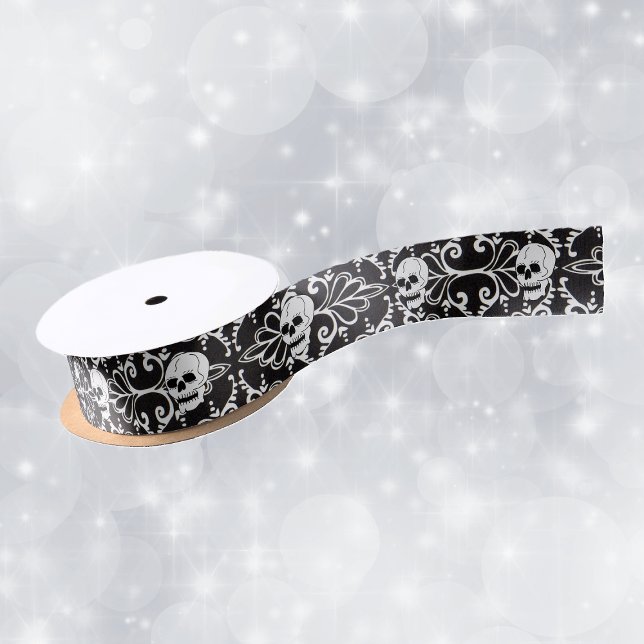 Ruban En Satin Crânes Damassés Noir Blanc (White Skulls on black white damask pattern on roll of craft or gift wrap ribbon.)