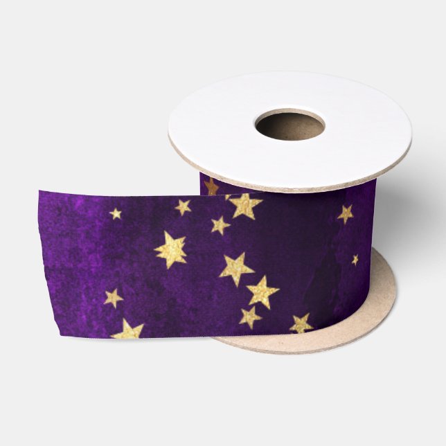Ruban En Satin Création d'étoiles dorées célestes élégantes viole (Bobine)