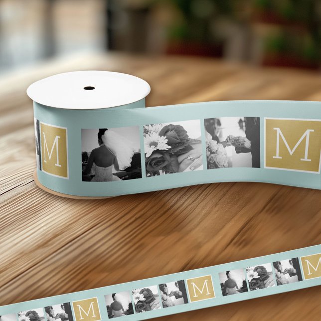 Ruban En Satin Créez votre propre collection photo Mariage Monogr (Custom Wedding and Anniversary Ribbon - Add 3 Photos and a Monogram)