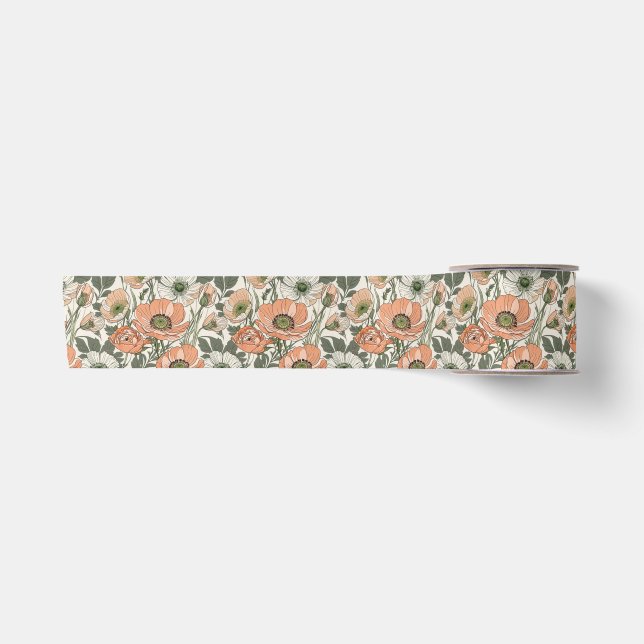 Ruban En Satin Crème Floral Poppy Pêche (Devant)