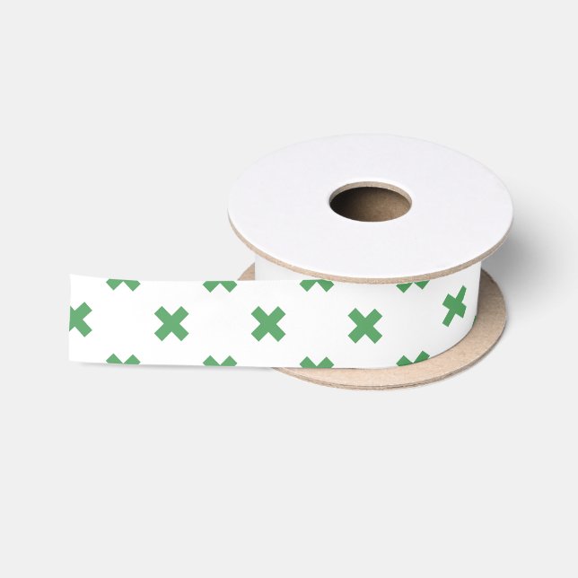 Ruban En Satin Croix verte coutures sur blanc (Bobine)