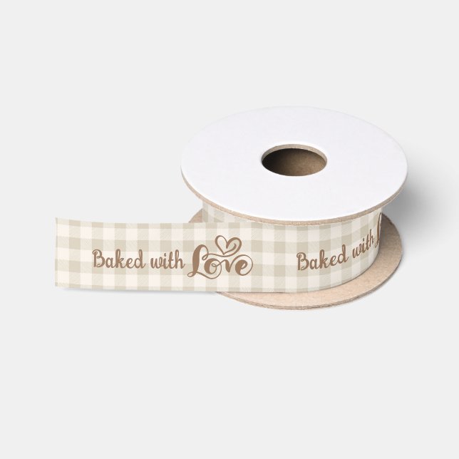 Ruban En Satin Cuisiné avec amour Gingham neutre cœur en script (Bobine)