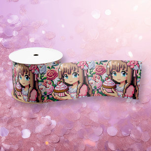 Ruban En Satin Cupcake d'anniversaire de fille de Pixel rose mign