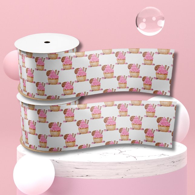 Ruban En Satin Cupcake Rose Aquarelle Avec Motif Chocolat (Créateur téléchargé)