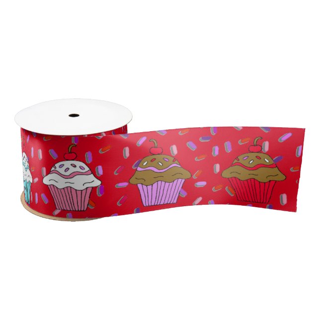 Ruban En Satin Cupcakes Whimsical et arrosages rouges et violets (Bobine)