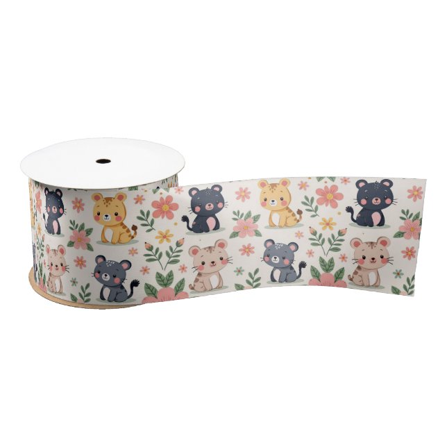 Ruban En Satin Cute Cartoon Jungle Cats and Flowers (Bobine)