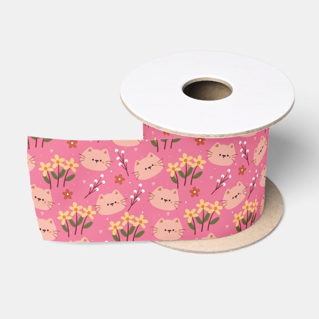 Ruban En Satin Cute Chat et Fleurs (Bobine)