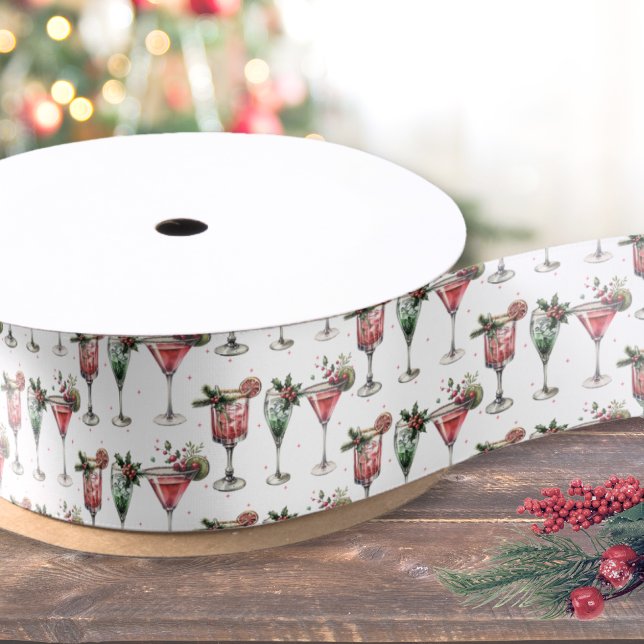 Ruban En Satin Cute Christmas Cocktail Pattern (Cute Christmas Cocktail Pattern Satin Ribbon)