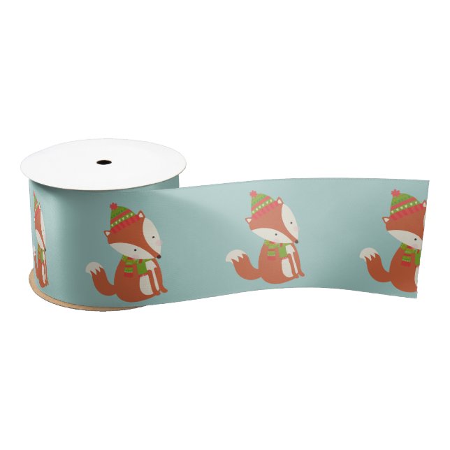 Ruban En Satin Cute Fox Motif - Aqua Green Christmas (Bobine)
