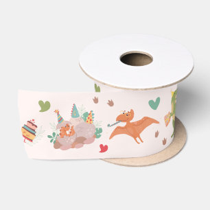 Ruban En Satin Cute Friendly Dinosaures Green Satin Ribbon