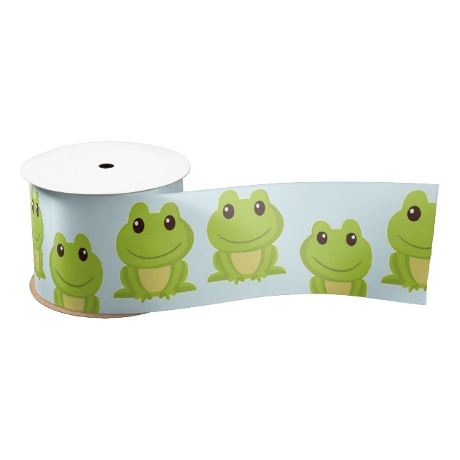 Ruban En Satin Cute grenouille verte sur bleu (Bobine)