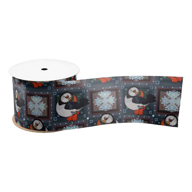 Ruban En Satin Cute Puffin Birds Motif d'hiver (Bobine)