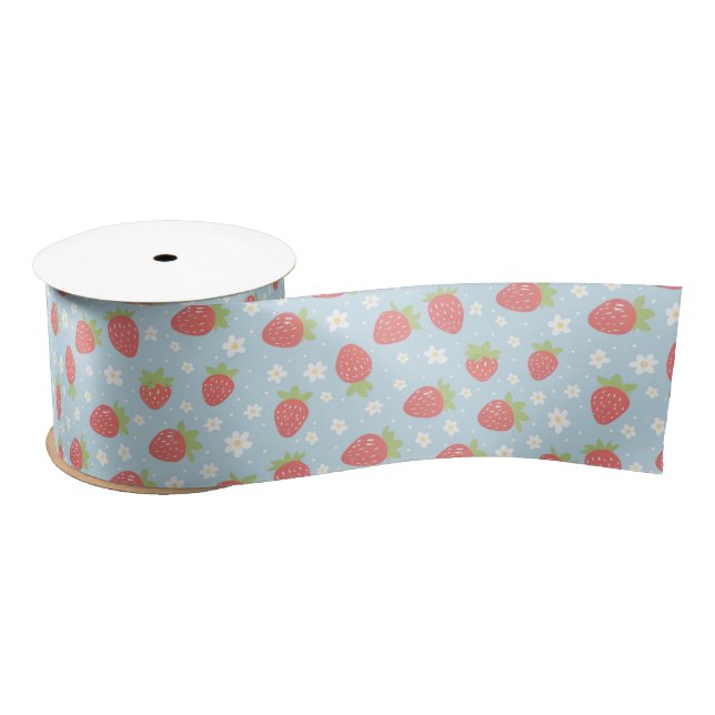 Ruban En Satin Cute Strawberries & Strawberry Flower Pattern Blue (Bobine)
