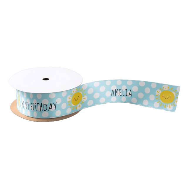 Ruban En Satin Cute Sunshine Joyeux Anniversaire Polka Dot Blue (Bobine)