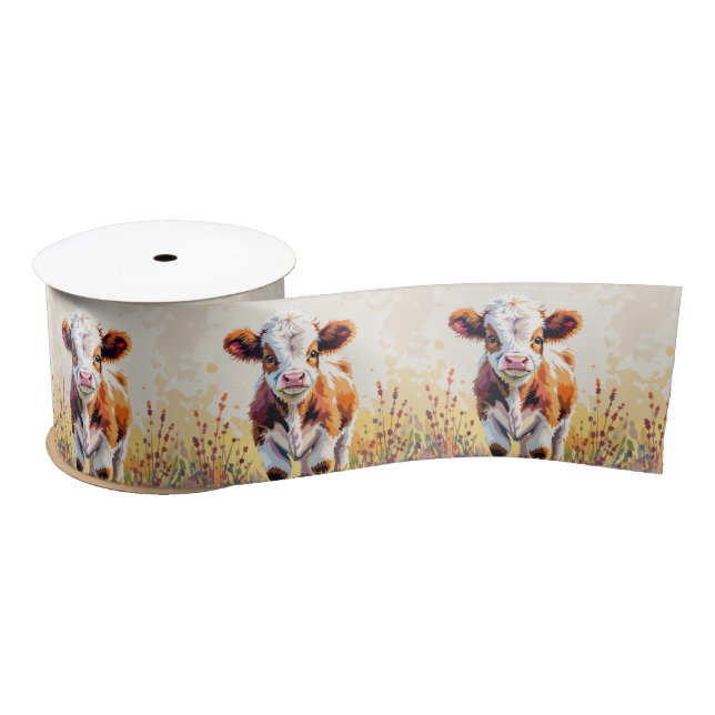 Ruban En Satin Cute Watercolor Calf In Field Flowers (Bobine)