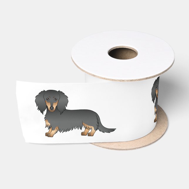Ruban En Satin Dachshund à poil long noir et feu dessin animé (Bobine)