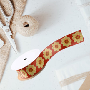 Ruban En Satin Dahlia jaune motif floral sur rouge