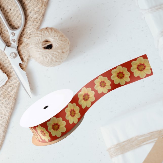 Ruban En Satin Dahlia jaune motif floral sur rouge (In Situ)