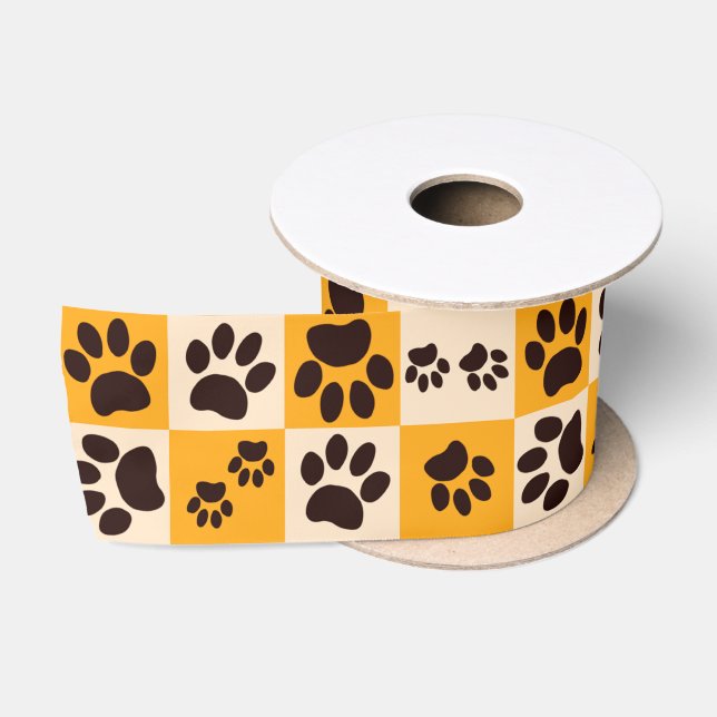 Ruban En Satin Damier Empreinte de Patte de Chat Jaune Ensoleillé (Bobine)