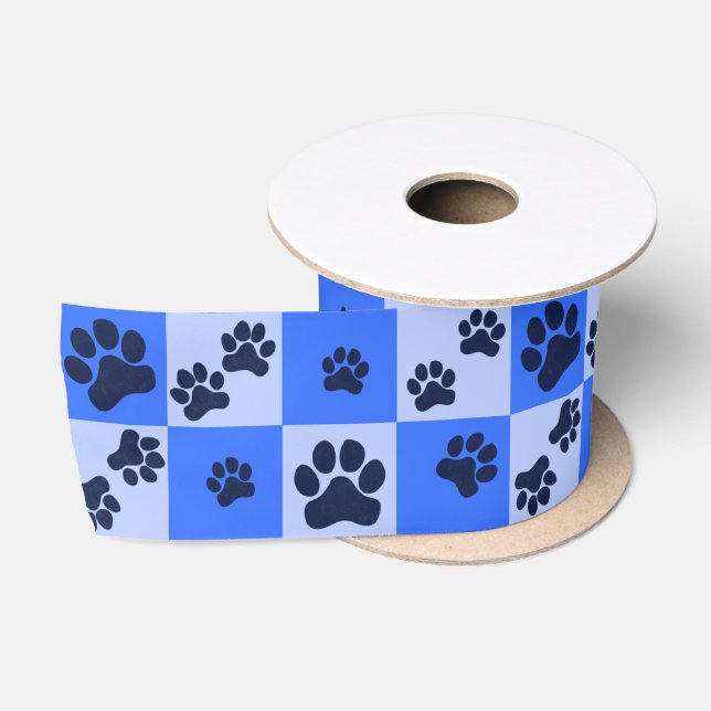 Ruban En Satin Damier Empreinte de Patte de Chien Bleu (Bobine)