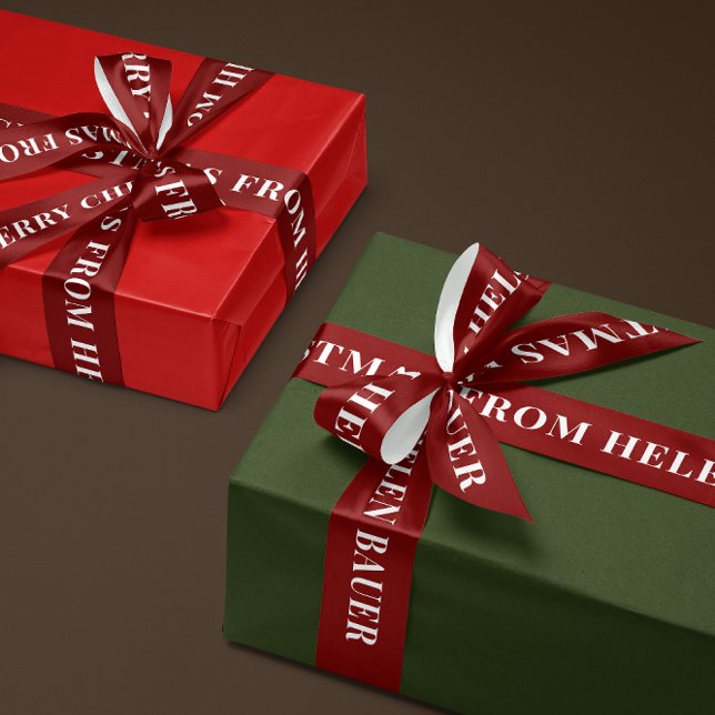 Ruban En Satin Dark Burgundy Red Simple Text Merry Christmas Gift (personalized white text on burgundy red satin Merry Christmas ribbon with custom name)