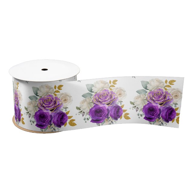 Ruban En Satin Dark Purple and Gold Elegant Flowers  (Bobine)