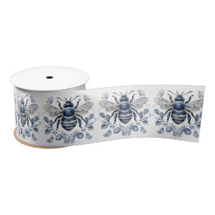 Ruban En Satin Décor d'abeilles de style Delft bleu et blanc avec